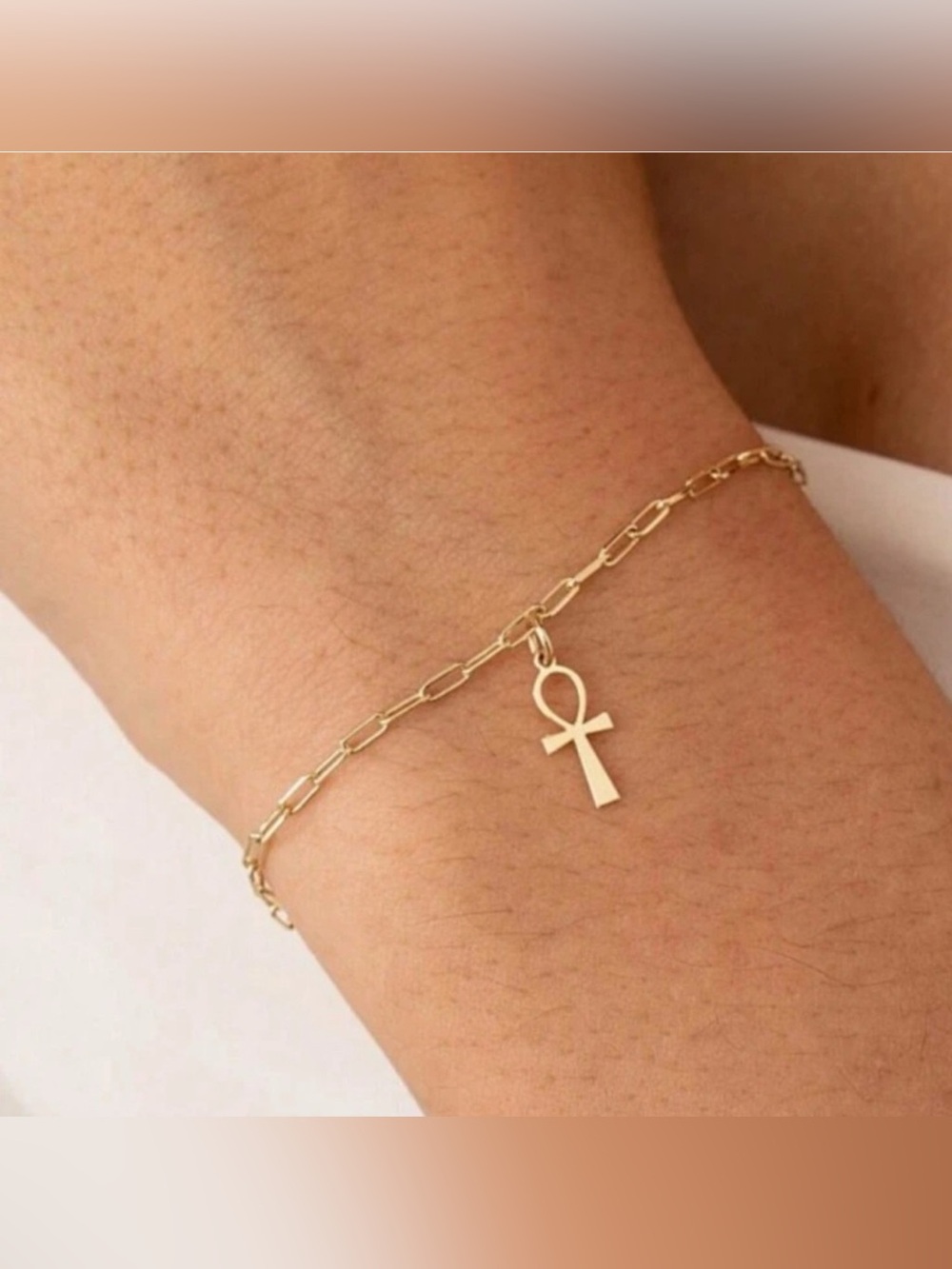 Gold Plated Stainless Steel Ankh Paperclip Bracelet